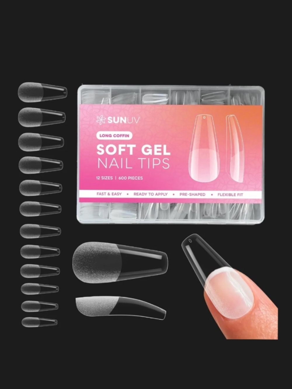 Clear Curved Apex Long Coffin 600 Nail Tips